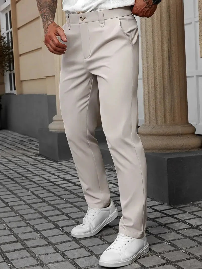 Men's straight leg business trousers in polyester available in black, apricot, white, and grey colours