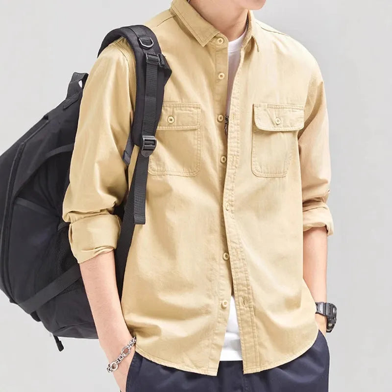 Men's loose fit long sleeve shirt overall in polyester fabric showing cardigan style and colour options