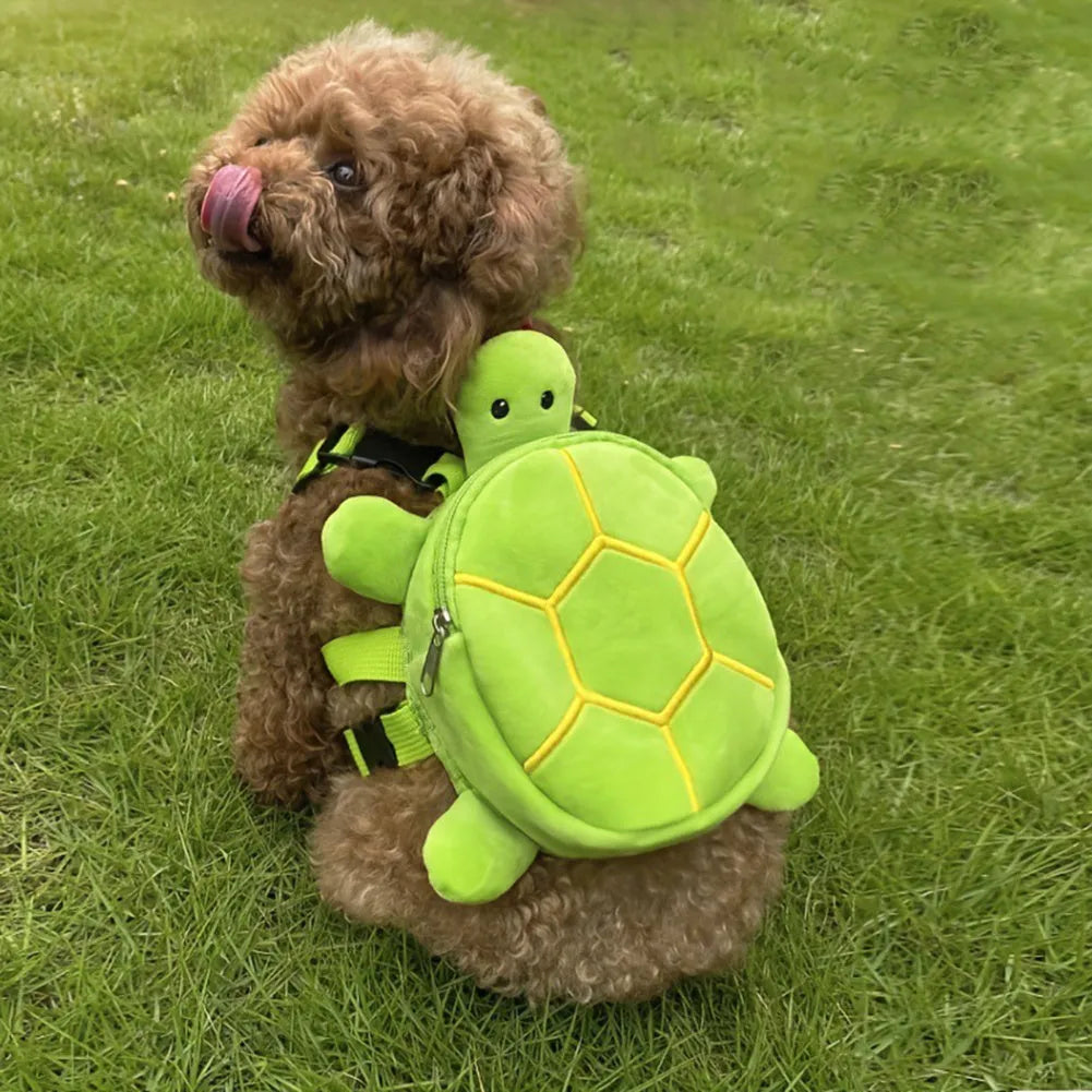 Turtle-shaped dog backpack harness vest in velvet fabric with metal zipper