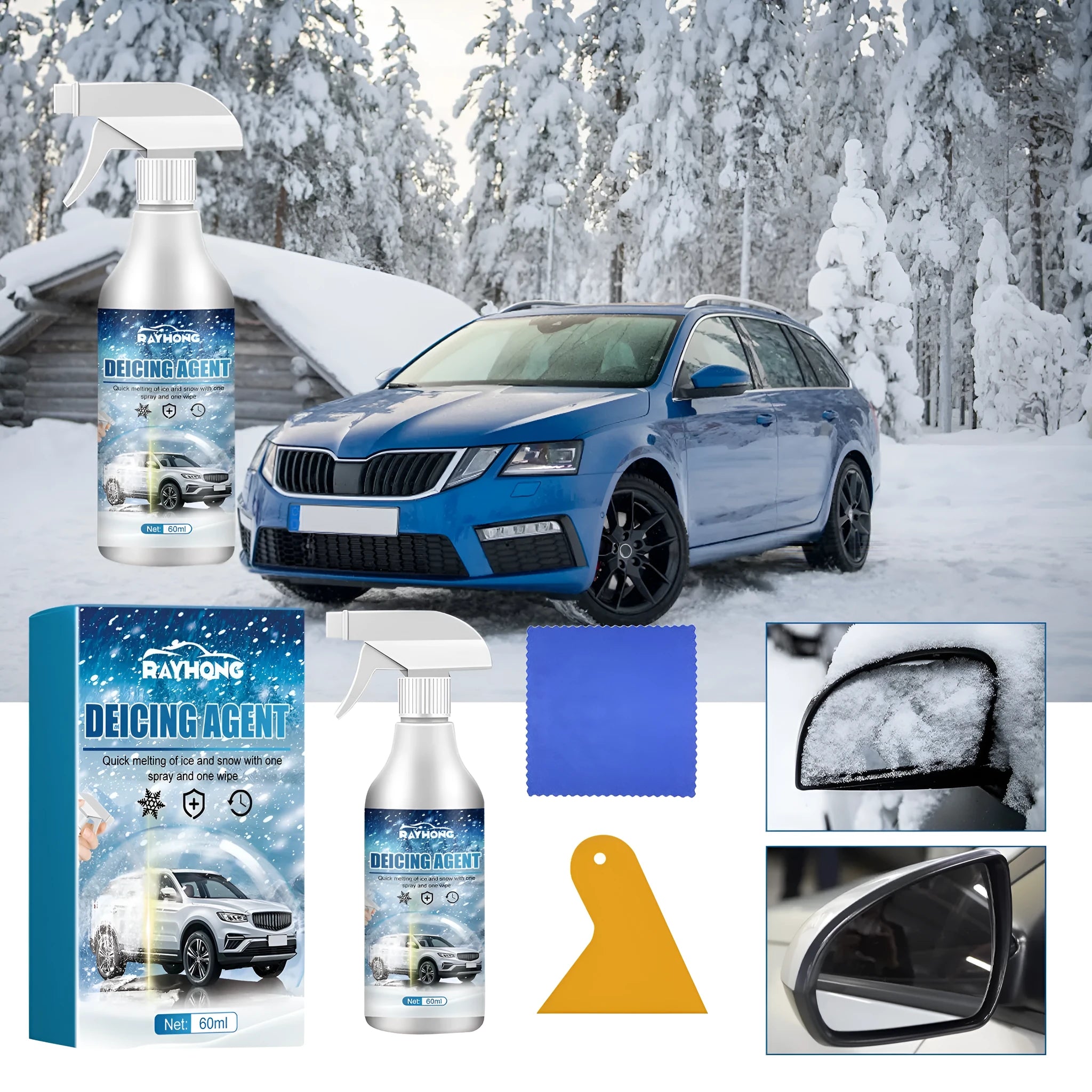 60ml winter car windscreen ice melting spray bottle with spray nozzle and cloth scraper tool for de-icing