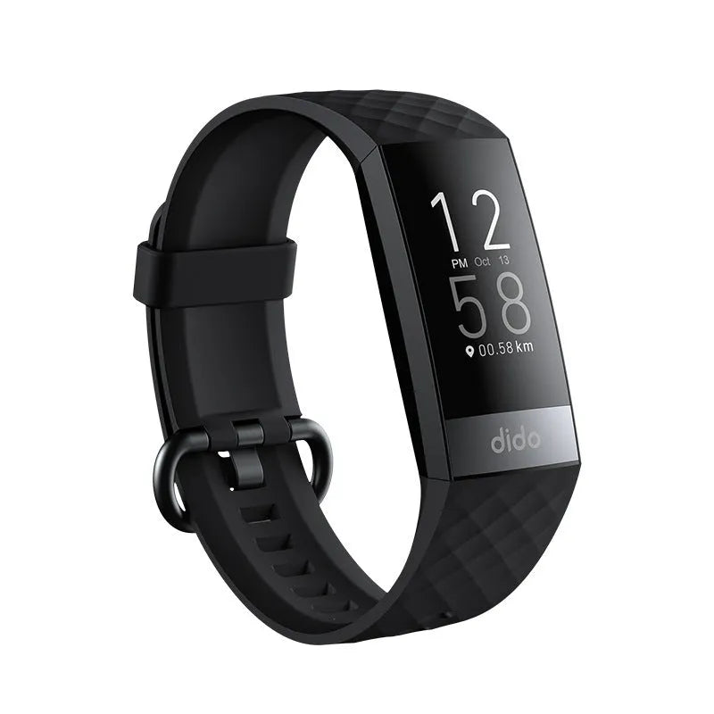 Smart bracelet on wrist showing blood pressure and ECG monitoring on its 1.1-inch screen.