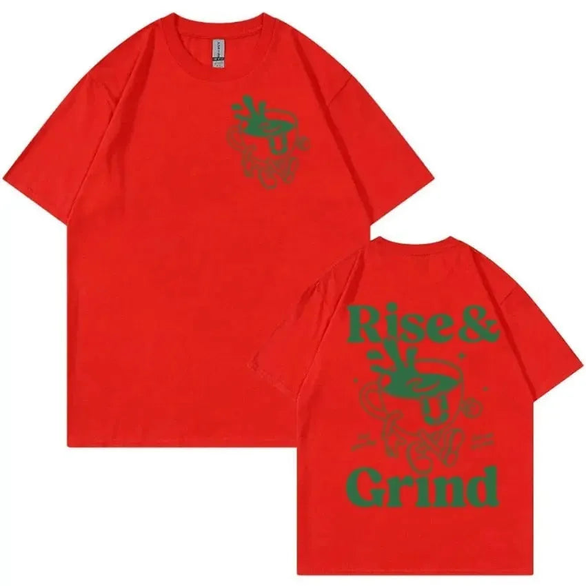 Rise And Grind Green Coffee fun expression printed on a loose-fit linen blend cartoon t-shirt.