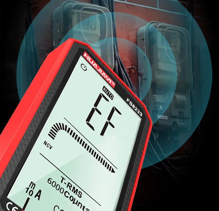 Black and red handheld digital multimeter with large screen display for electrical testing