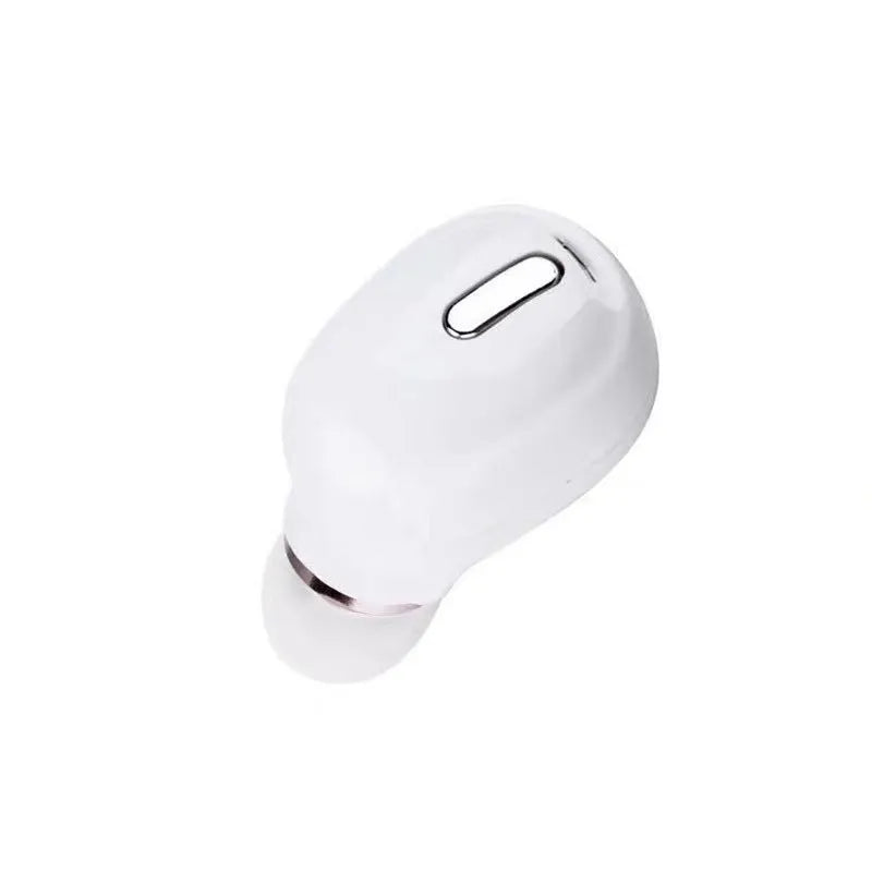 X9 mini single ear Bluetooth headset in black or white metal finish shown as an earplug-style wireless device.