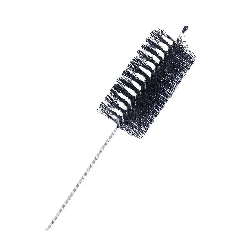 Set of thin stainless steel cleaning brushes with nylon bristles for cleaning drinking straws and bottles.
