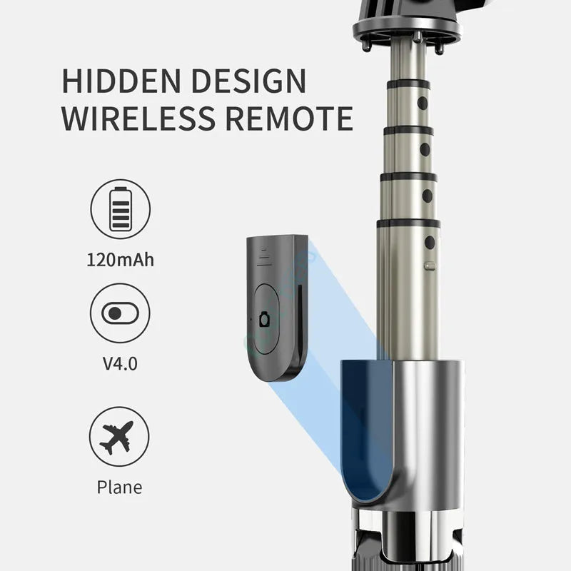 Black extendable tripod selfie stick for iPhone smartphones showing adjustable height.