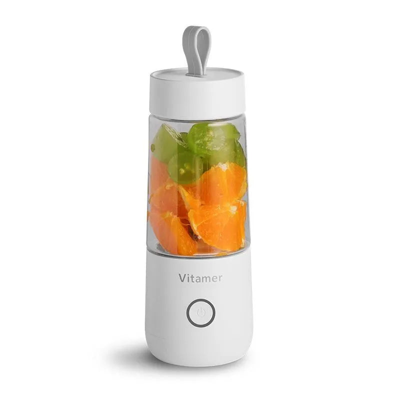 White portable USB rechargeable blender juicer with 350ml Tritan cup and silicone carry handle
