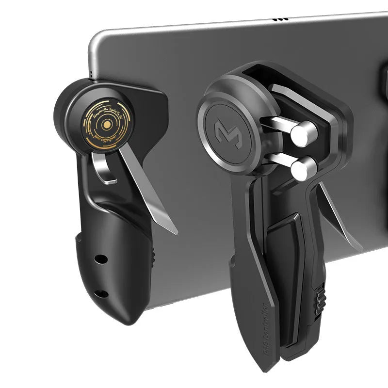 Black six-finger mobile game controller attached to an iPad tablet for PUBG gaming