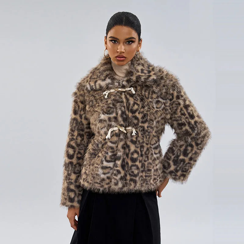 Women's leopard print coat with buckle lapel detailing and regular sleeves