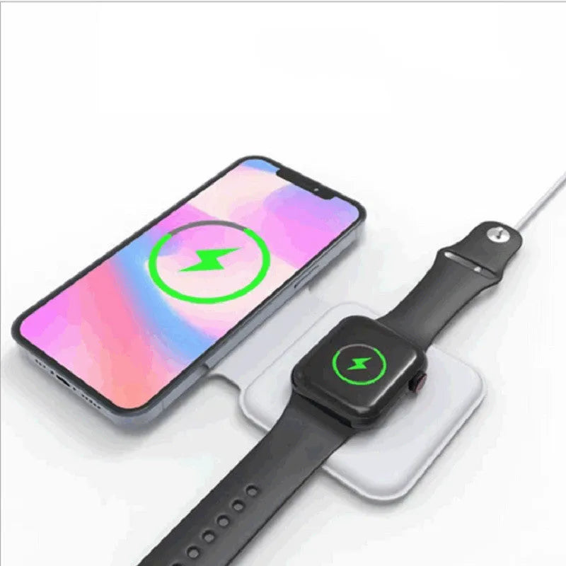 White folding dual magnetic wireless charging dock showing 180-degree angle adjustment