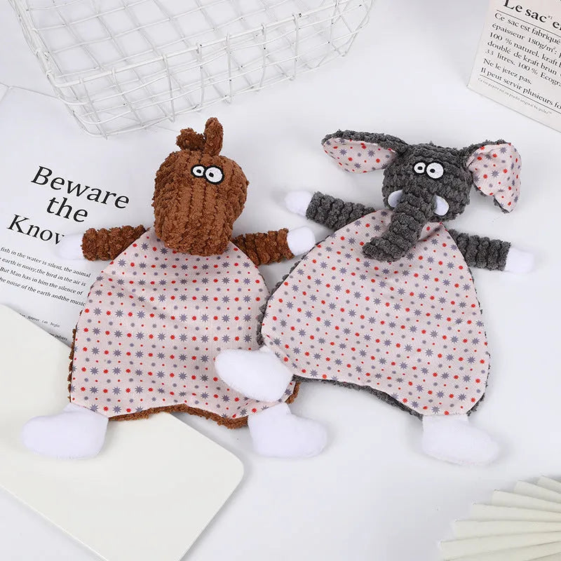 Brown velvet pet chew toy shaped like a fox elephant with crinkle paper and squeaker inside