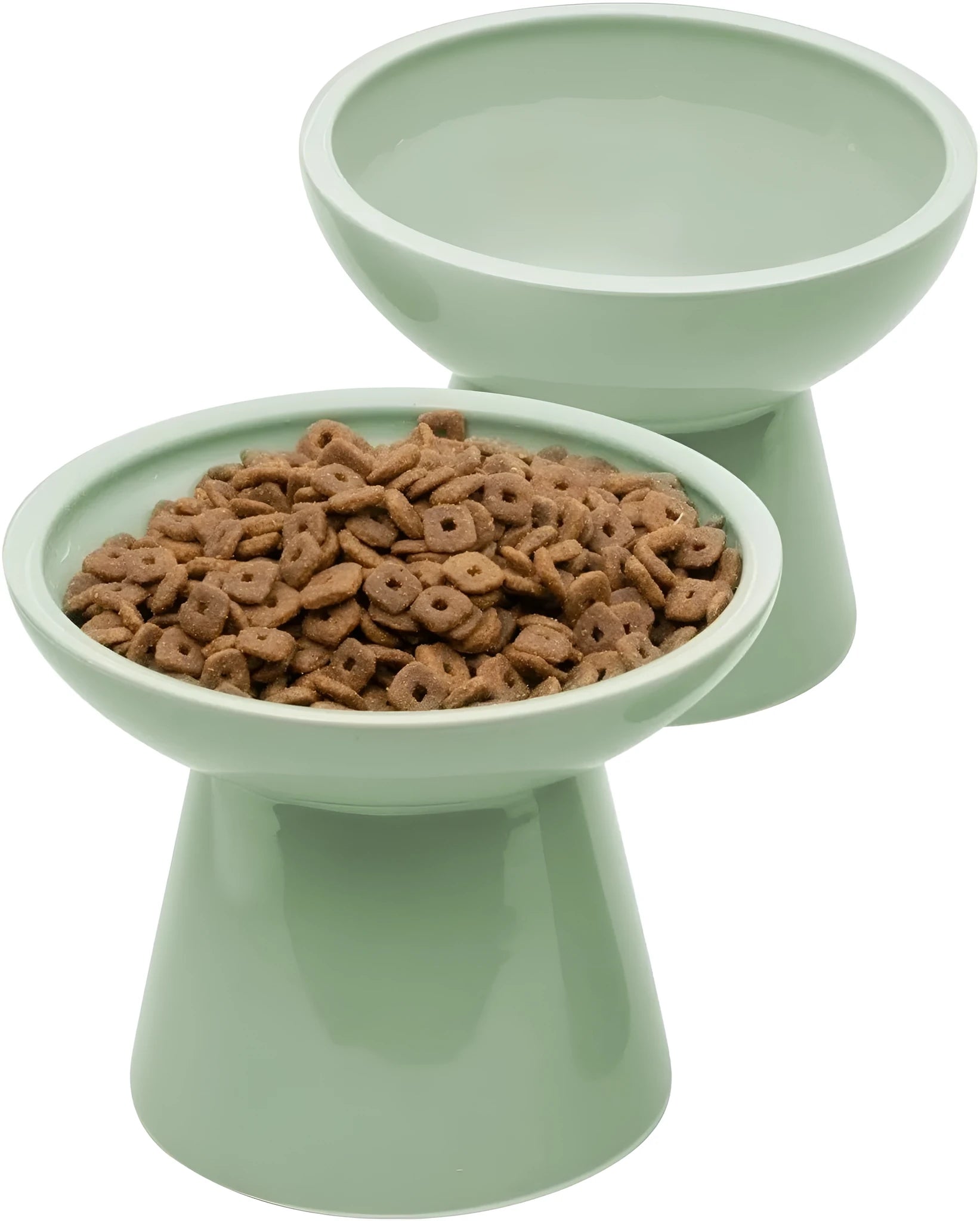 Blue elevated ceramic cat food bowl on a white surface