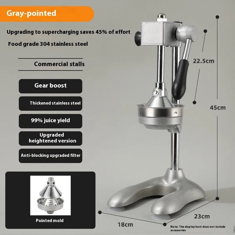 Vertical stainless steel manual juicer in multiple colours with different head style options.