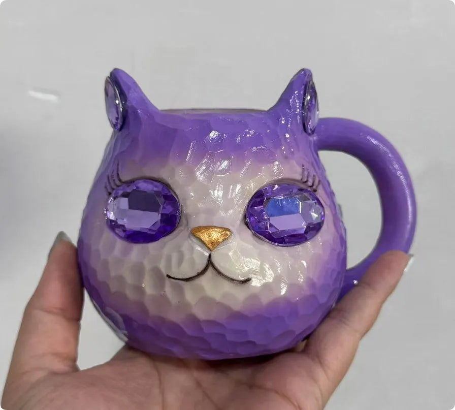 American style decorative Cat Cup resin figurine in blue, green, pink, and purple colour options.
