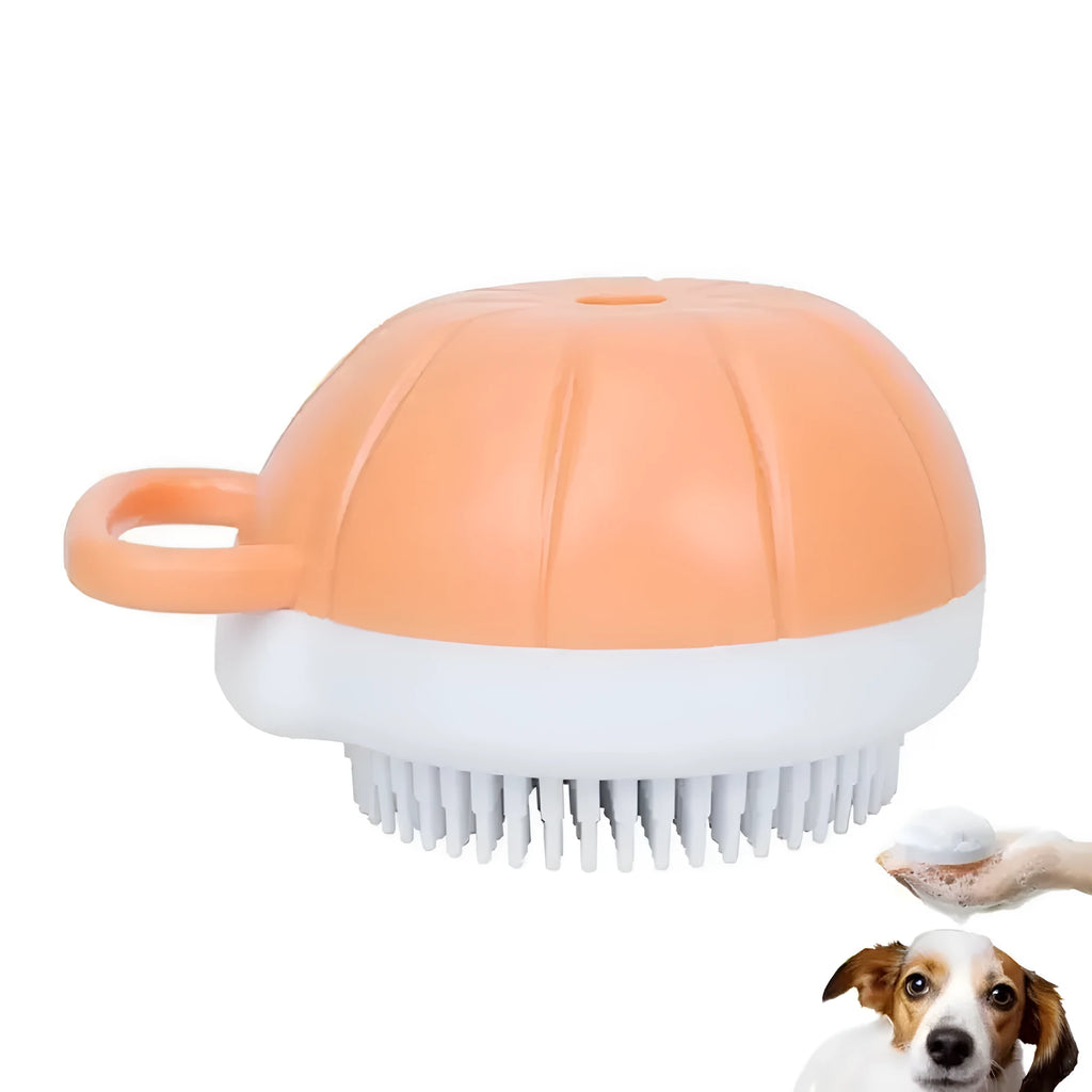 Orange TPR pet bath brush with shampoo dispenser and silicone bristles for dog and cat grooming