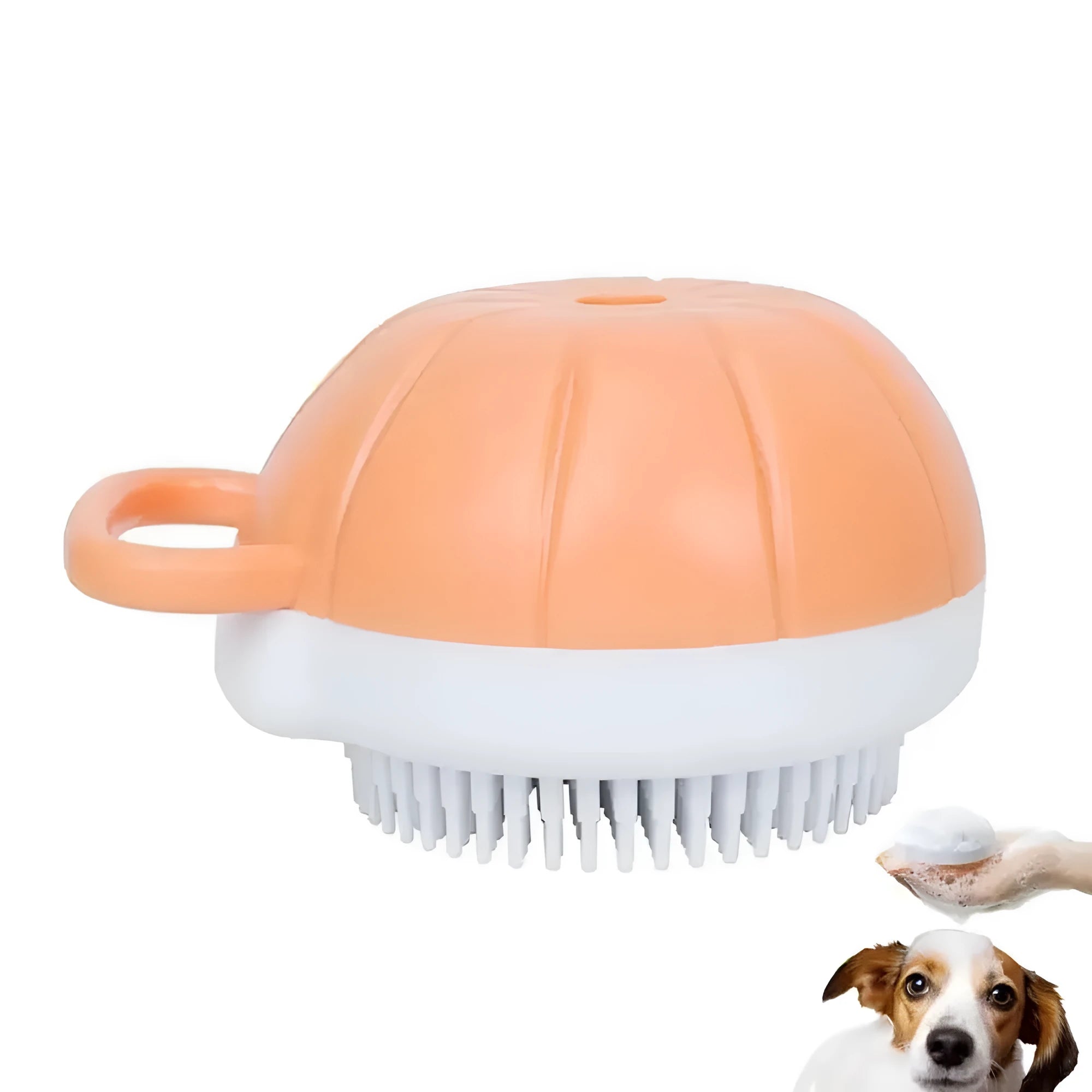 Orange TPR pet bath brush with shampoo dispenser and silicone bristles for dog and cat grooming
