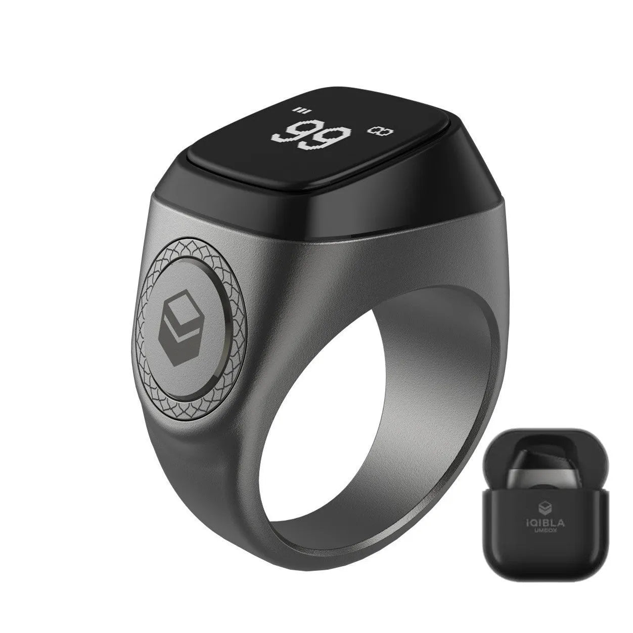 Zikr1 silver smart ring on a finger showing its OLED display and single button.