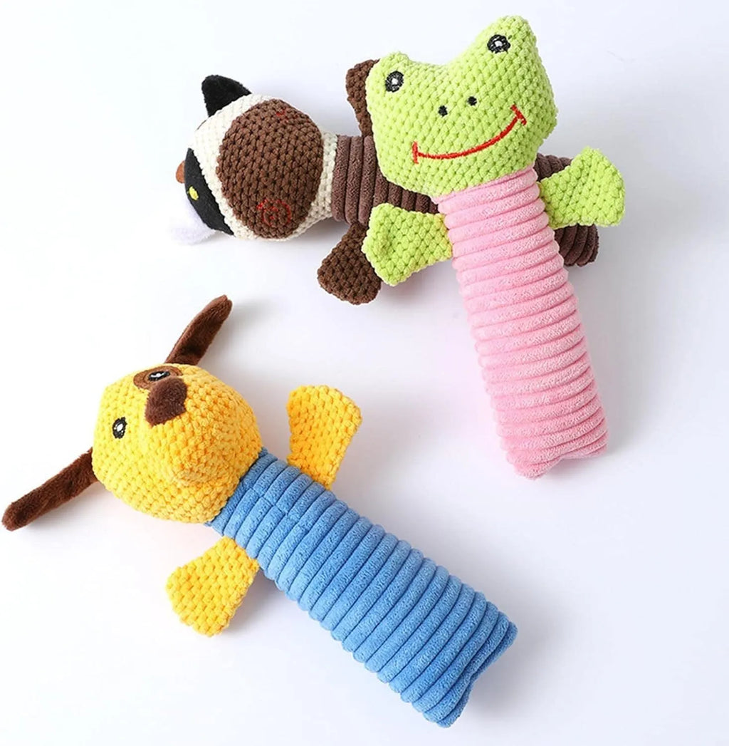 Soft cloth and polyester fibre squeaky stuffed dog chew toy, shown in calf, frog, or puppy shape, measuring 19cm long.