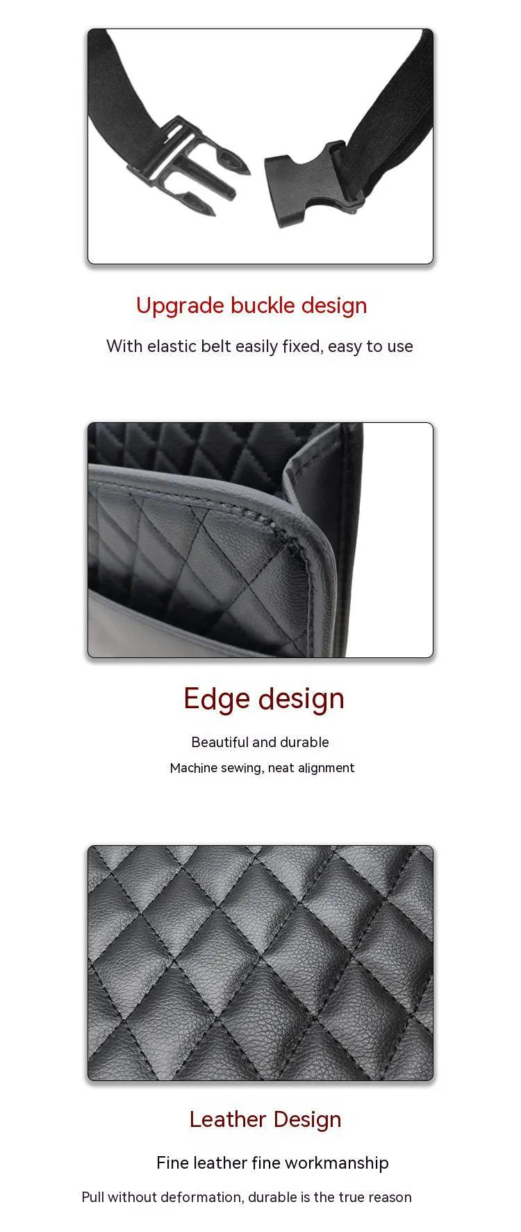 Black leather hanging storage bag and trash can for car interior, showing dimensions of 25cm by 25cm.