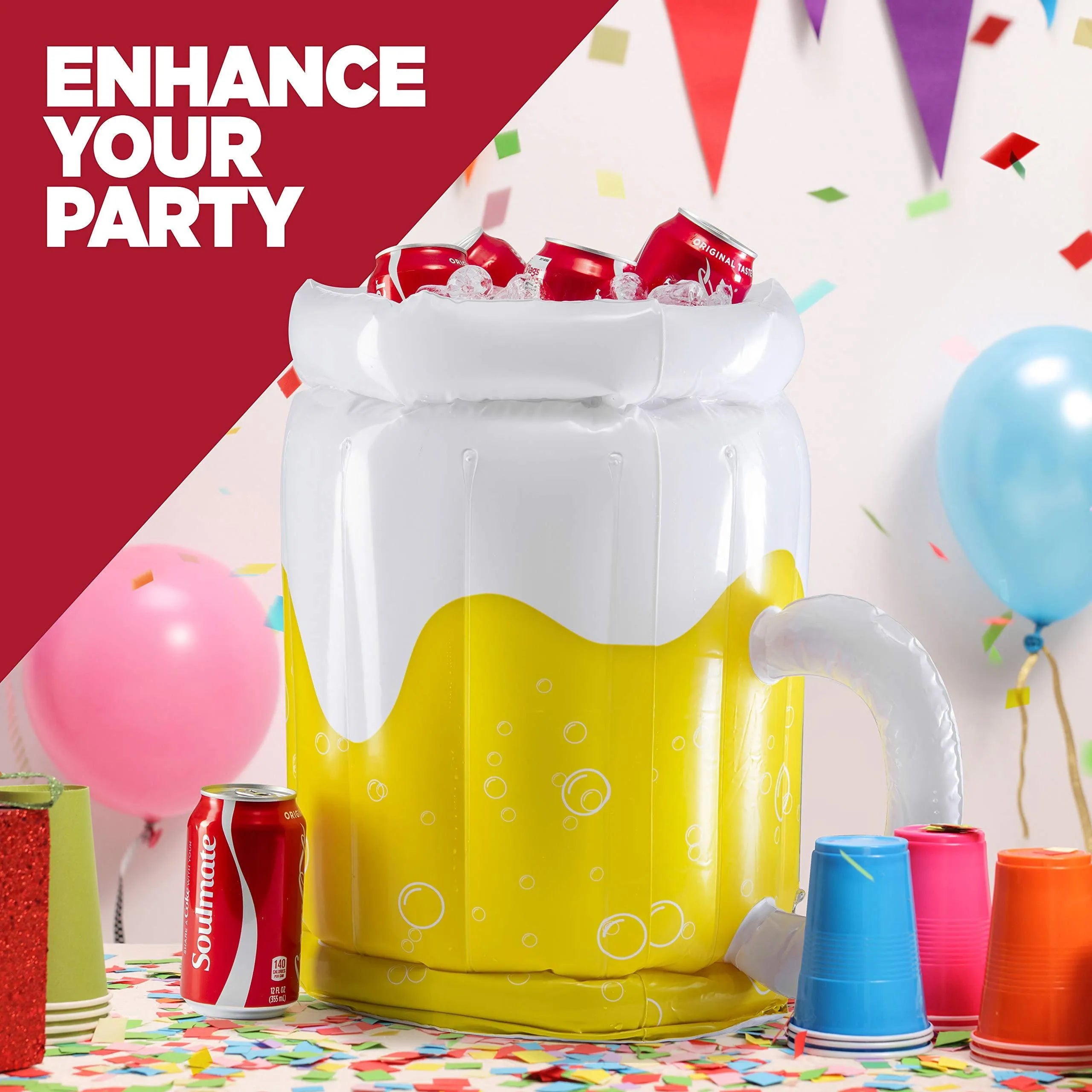 Large yellow inflatable beer mug cooler pool float with 44cm height and 32cm diameter dimensions