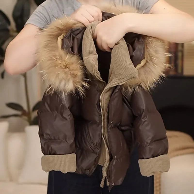 Children's winter down cotton jacket fake two-piece in solid coffee brown colour, thickened polyester fibre padding, suitable for heights 110-160cm
