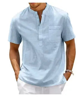 Men's solid colour stand collar short sleeve polo shirt in lightweight polyester fabric.