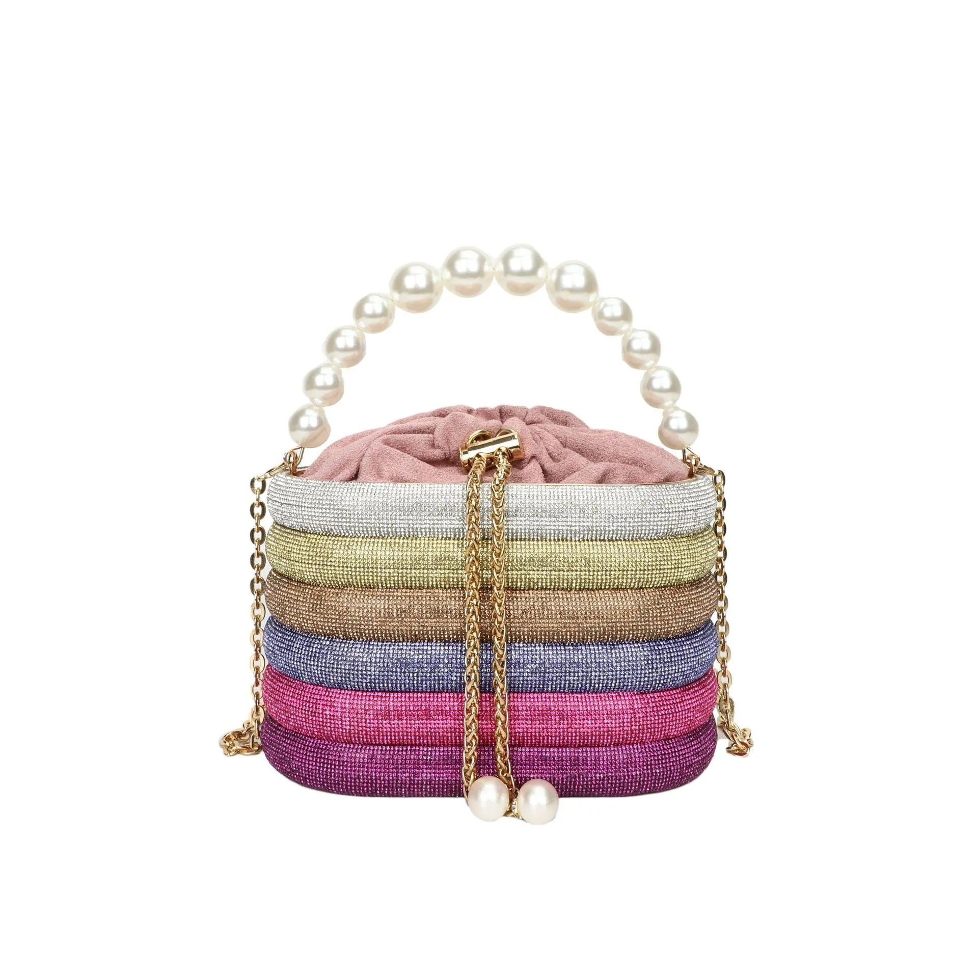 Soft round PU women's crossbody dinner bag with beaded details in retro style.