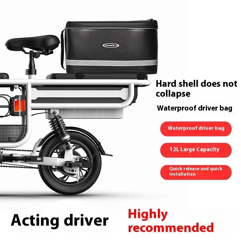 Black PU leather backseat bag for bicycle rack equipment with 12 litre capacity