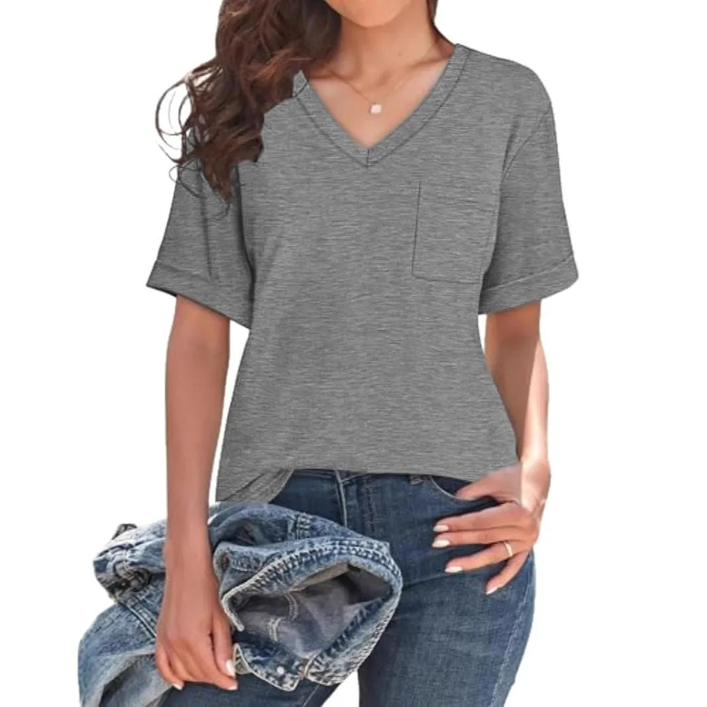 Grey loose fit V-neck T-shirt with short sleeves and a front chest pocket.