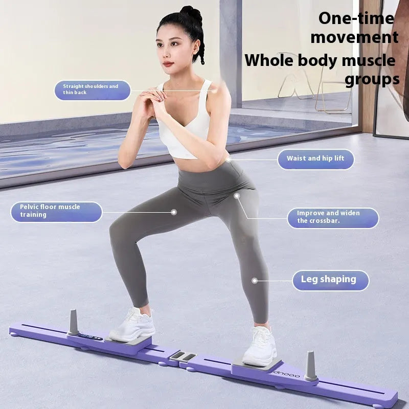 Pink and purple multifunctional split skiing machine trainer, 85 cm long, for home fitness workouts.
