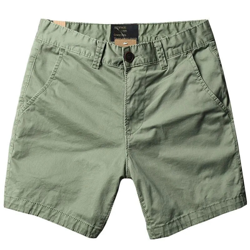 Men's pure cotton casual shorts in straight leg design with zipper fly, shown in multiple colour options