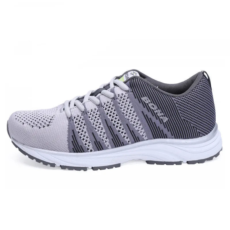 Women's hiking shoes with breathable mesh and leather upper, round toe, flat heel, available in blue and grey colourway
