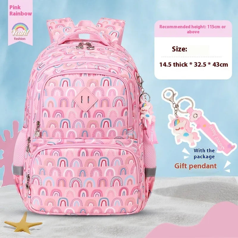 Colourful children's waterproof Oxford cloth school backpack with dinosaur print and curved shoulder straps.