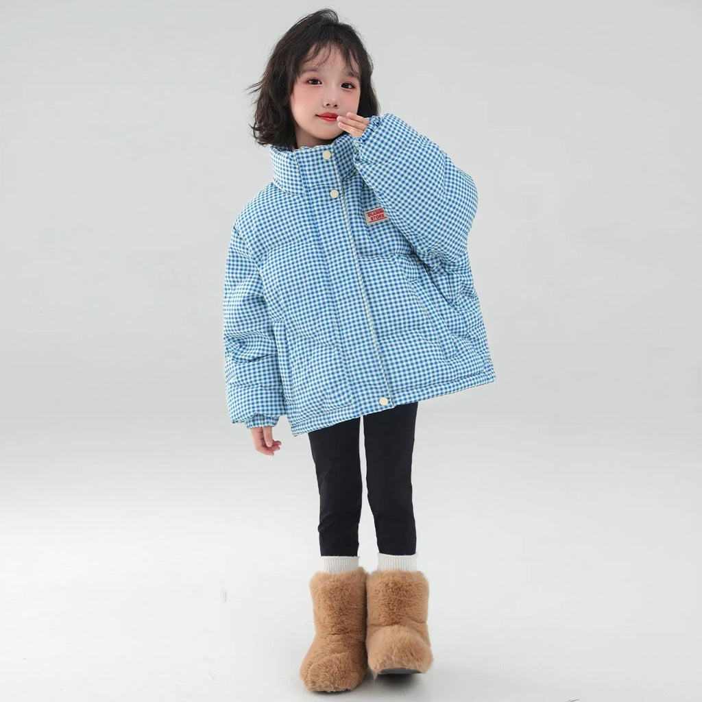 Contrast color blue plaid hooded cotton coat jacket with zipper closure for children, suitable for heights 120cm to 170cm