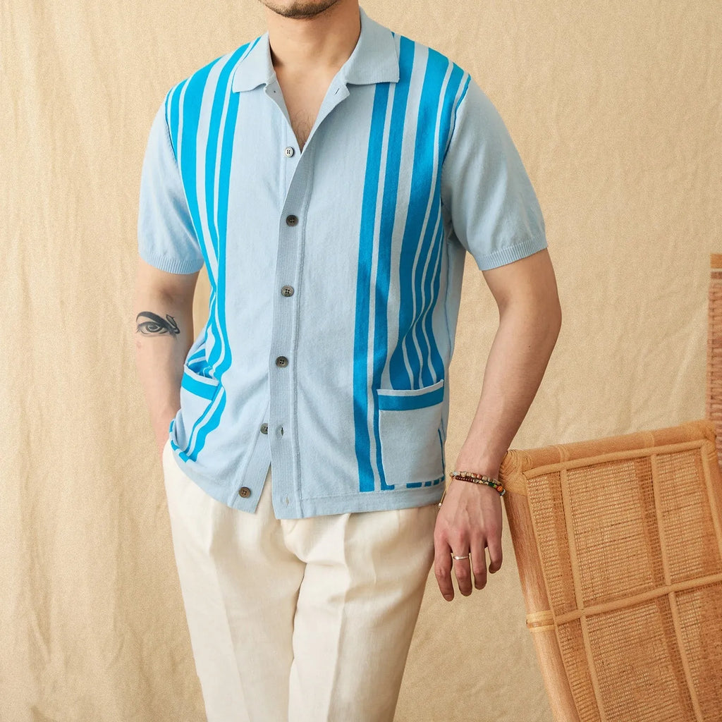 A thin, short-sleeved striped cardigan polo shirt with a lapel collar in a light blue colour.
