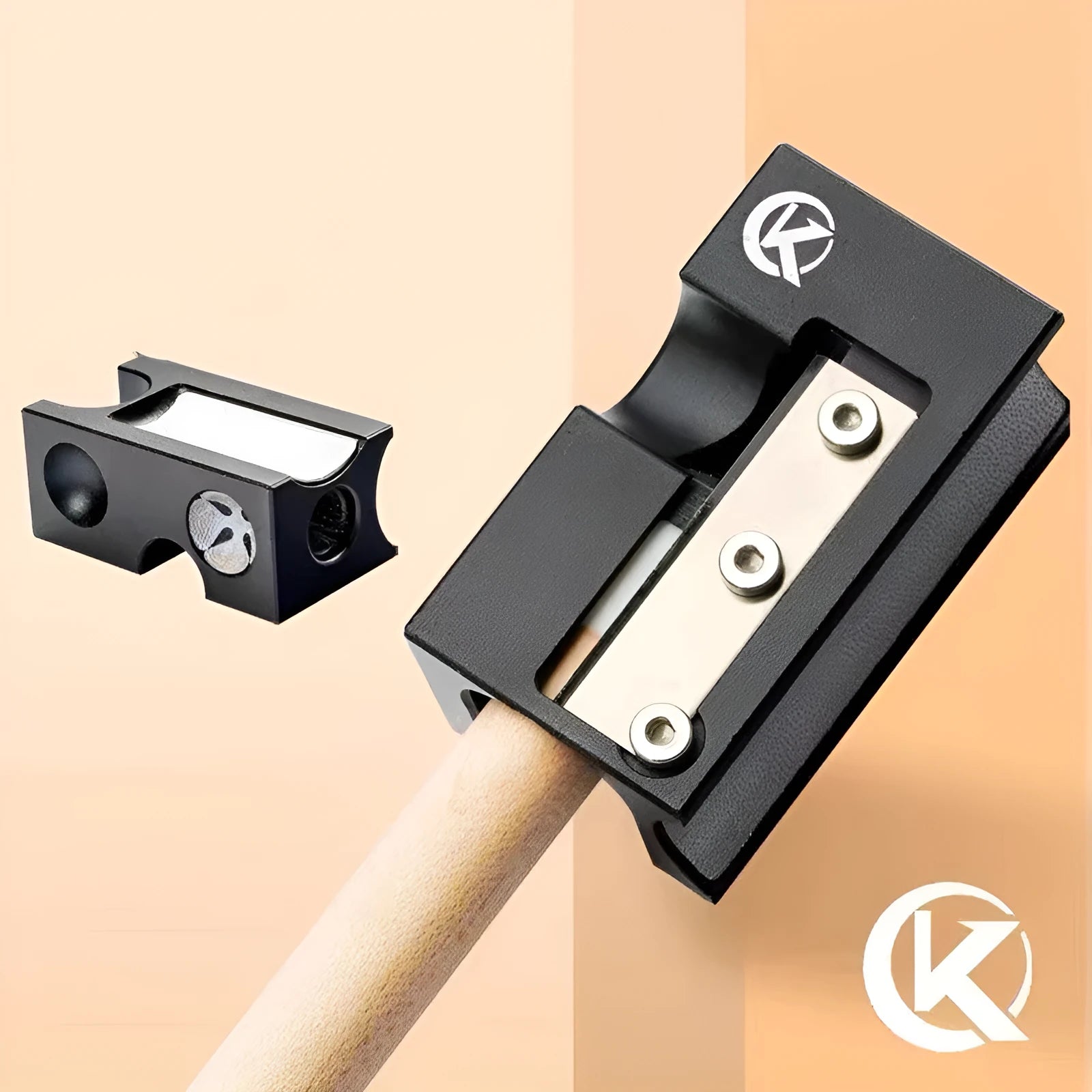 Black metal billiard cue leather tip repair device for maintenance and reshaping