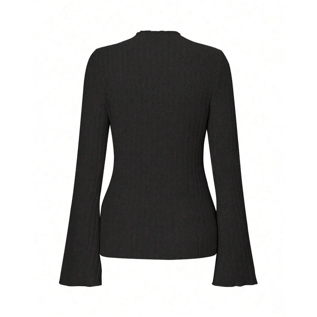 Women's black long sleeve slim fit top with lantern sleeves and round neck