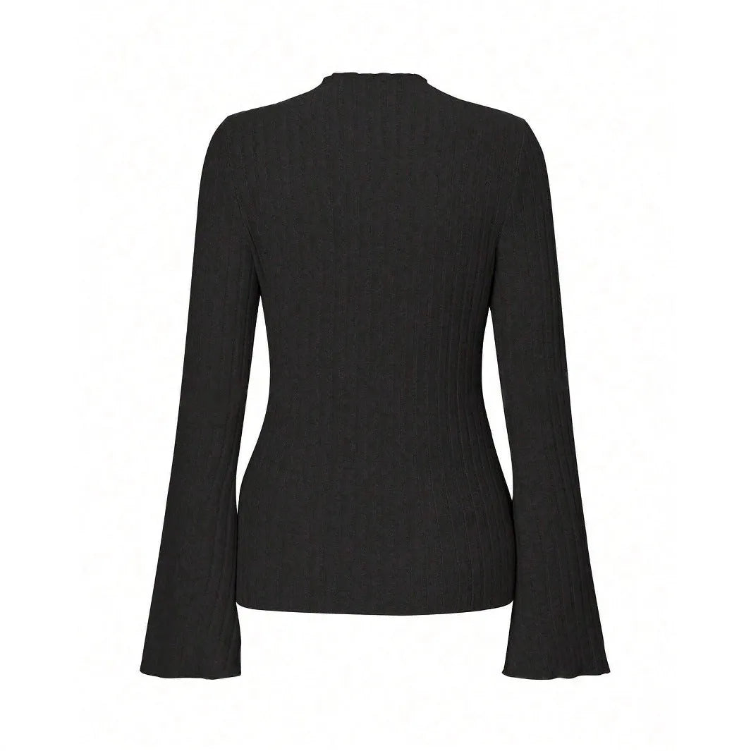 Women's black long sleeve slim fit top with lantern sleeves and round neck