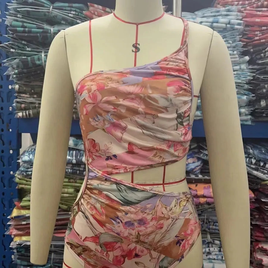 Rose gold patterned women's swimsuit made from polyester for summer swimming