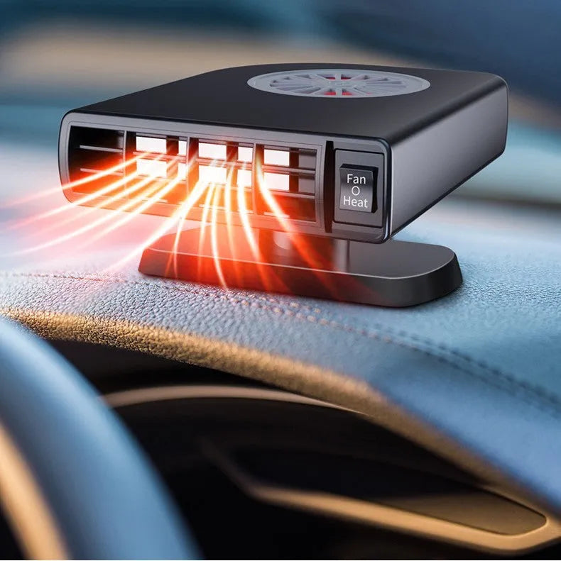 Black compact vehicle-mounted heater for car defrosting and defogging with adjustable nozzle.