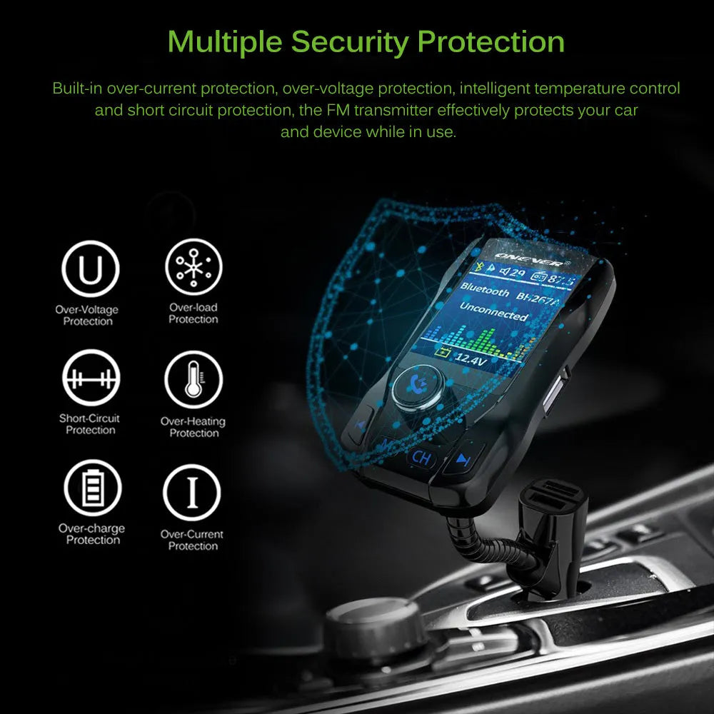 Black car Bluetooth FM transmitter with colour screen and dual USB ports plugged into a car power socket.