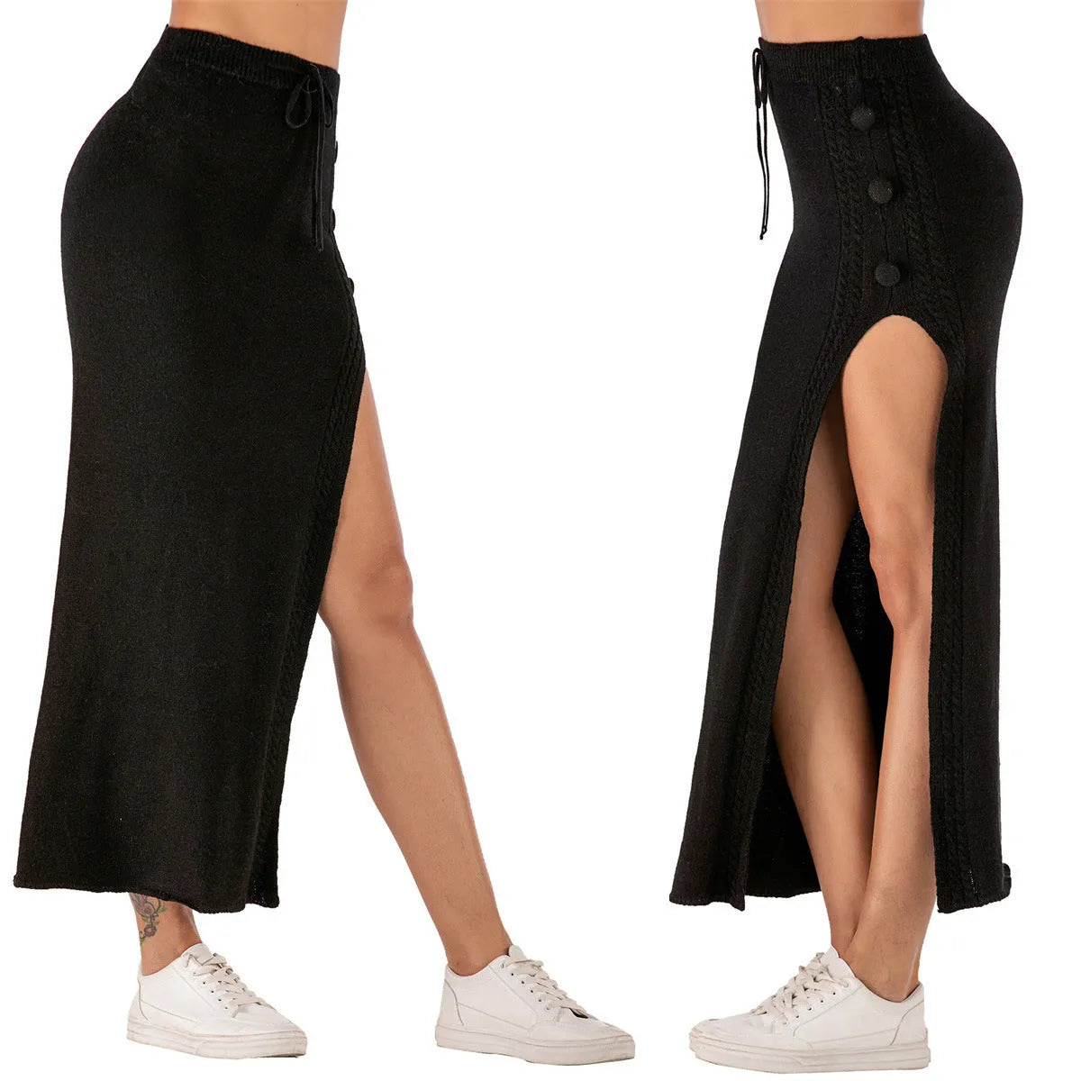 Acrylic slim-fit mid-length skirt with side split and strap detailing in black colour