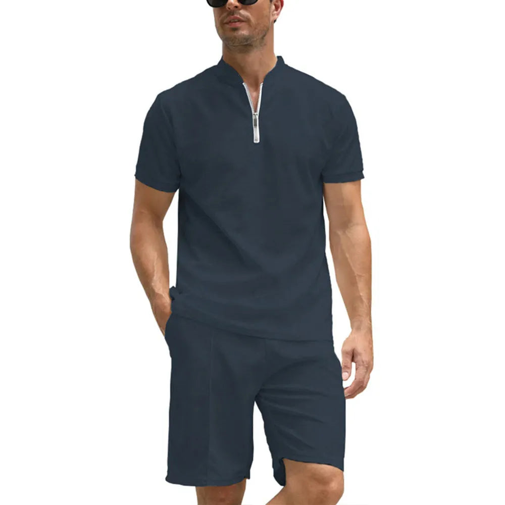 Men's solid colour short sleeve polo shirt and matching trousers two-piece suit set