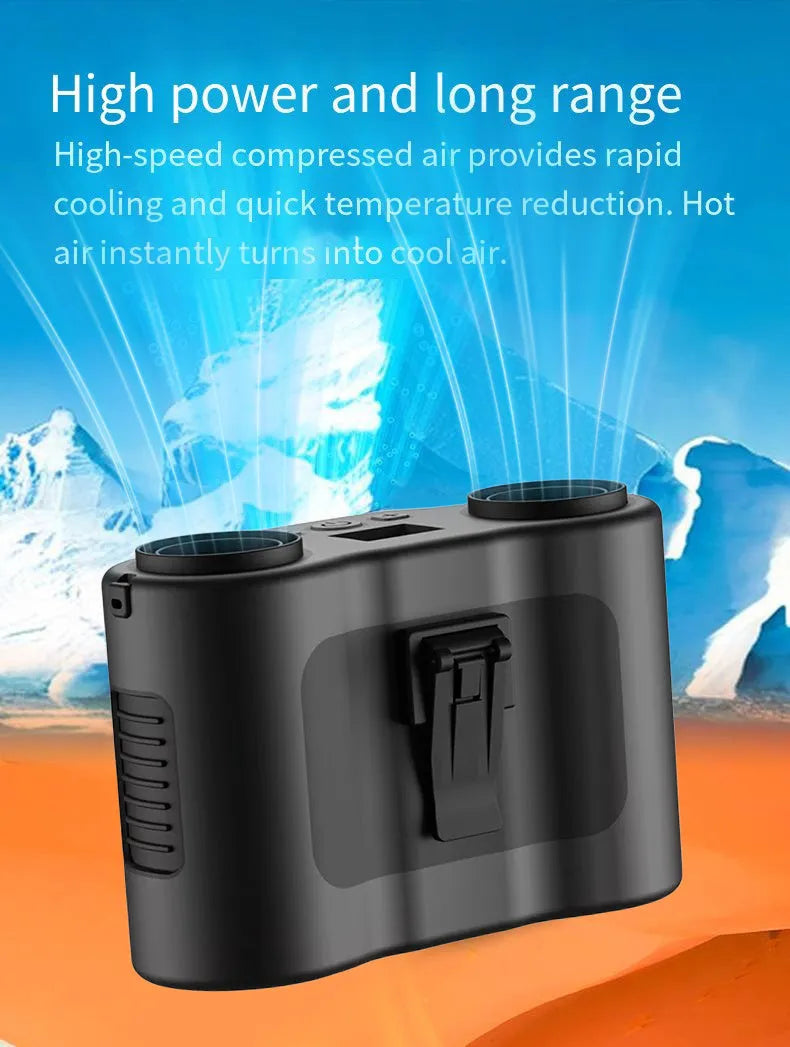 Black mini waist-hung portable fan with neck lanyard and waist buckle, showing turbine blades.