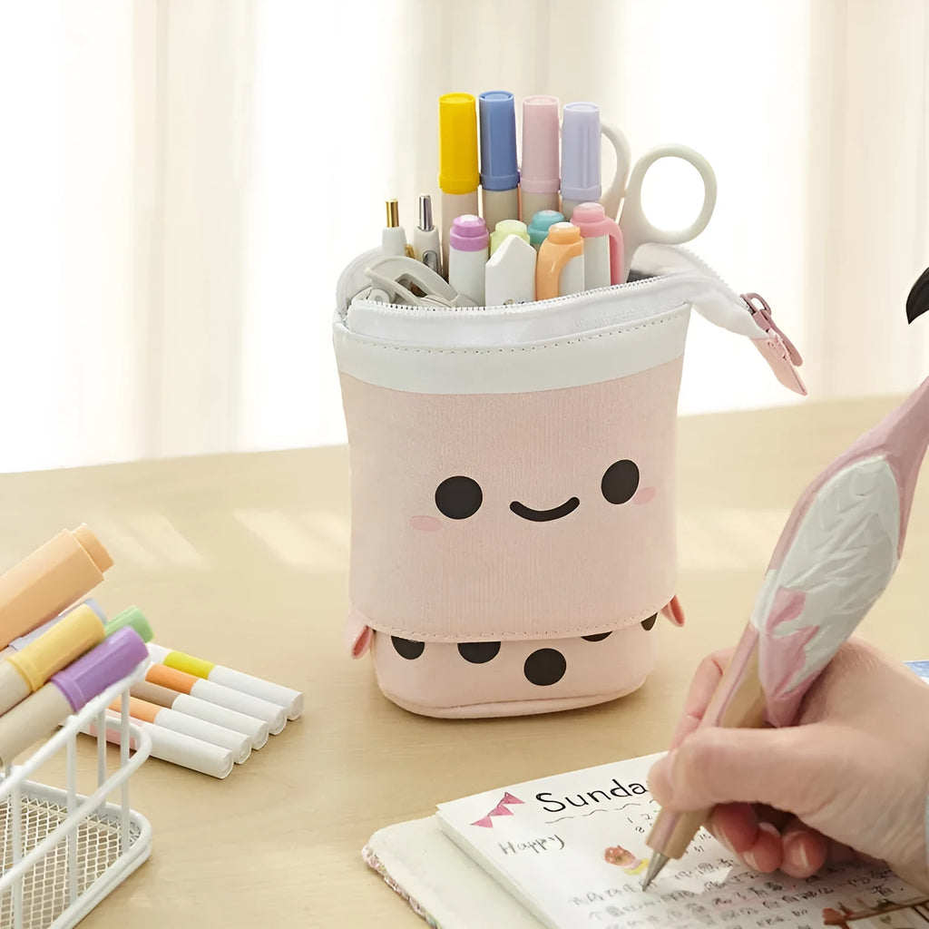 Canvas retractable pencil case with heart smiley face in blue velvet milk tea colour