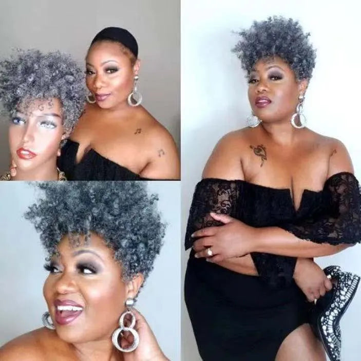 A short synthetic women's wig with simple rolls in an exotic style, shown in black, brown, gold, and grey colour options.