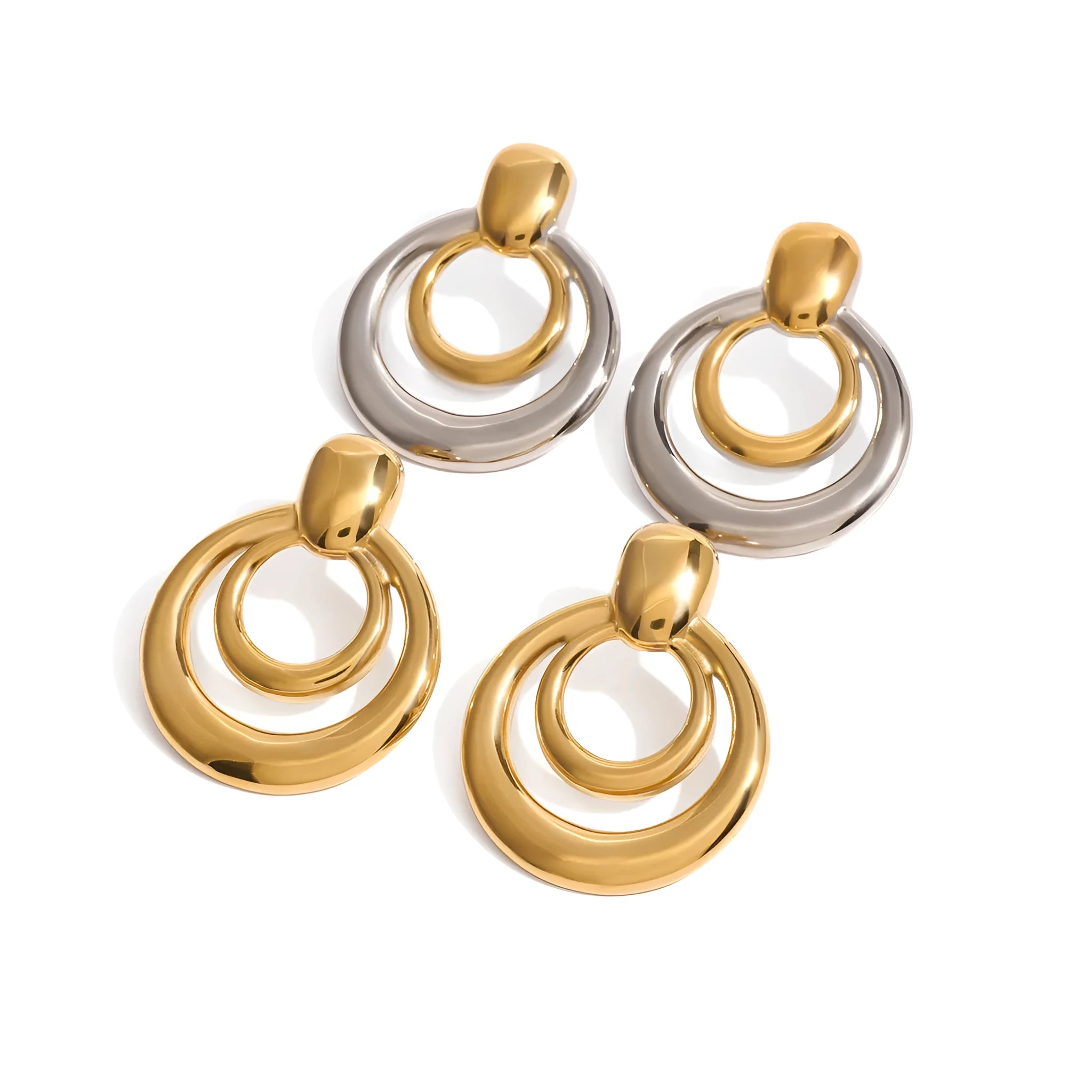 Gold geometric titanium steel stud earrings with double layer hollow round design