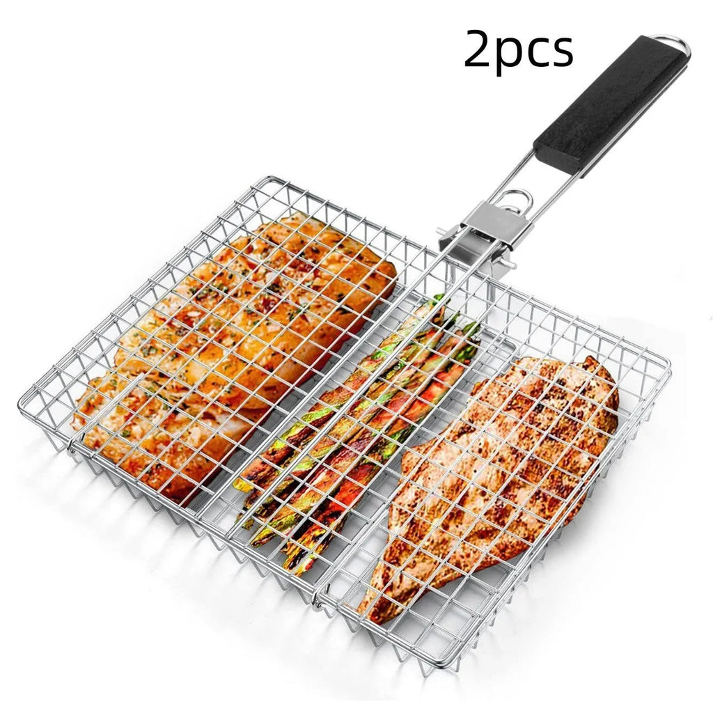 Folding handle BBQ clamp for roast chicken outdoor grill square metal barbecue net