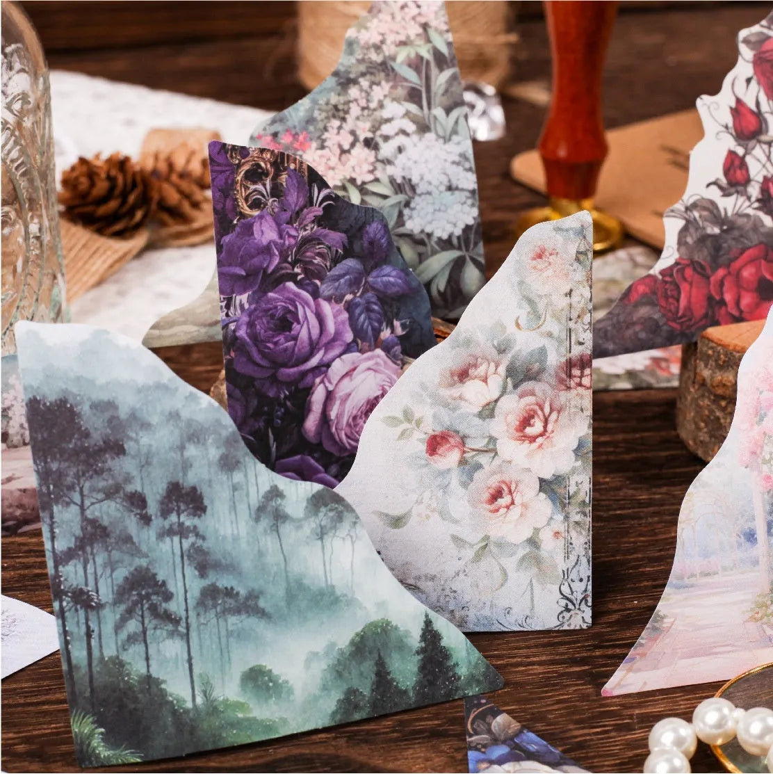 Creative DIY note in six colour variations showing spring vine, pink plum, red rose, blue, green wild, and purple dew options