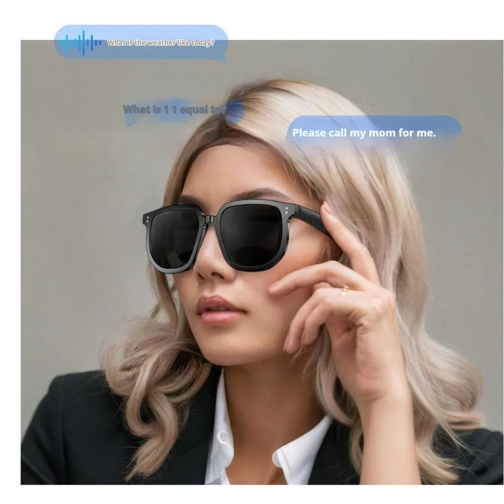 Black AI smart glasses with Bluetooth audio, touch controls, and UV protection lenses